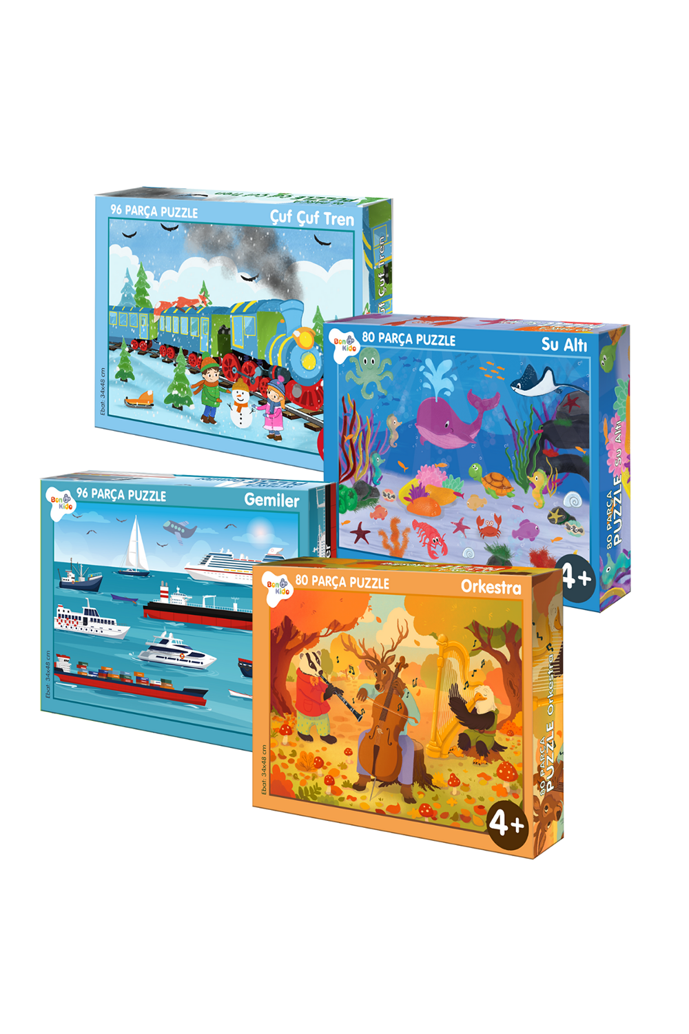 4 'lü Puzzle Set - 80 Parça Orkestra & Sualtı ,96 Parça Çuf Çuf Tren & Gemiler Puzzle